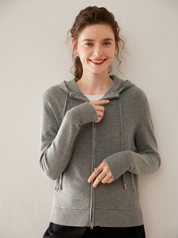 Cross-border Explosions Solid Color Double Zipper Hooded Knitted Cardigan Women's Cashmere Outer Top Solid Color Simple Wool Outer Shirt