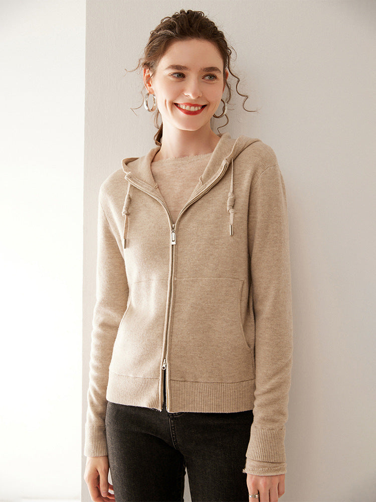 Cross-border Explosions Solid Color Double Zipper Hooded Knitted Cardigan Women's Cashmere Outer Top Solid Color Simple Wool Outer Shirt