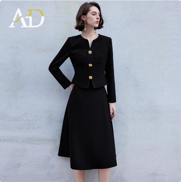 AD High-grade Sense Small V-neck Suit Dress Women's 2025 New Short Jacket Waist Suit Skirt Two-piece Autumn