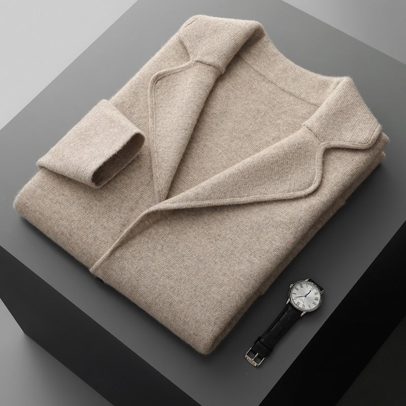 Men's Cashmere Lapel Casual Suit, Thickened Knitted Cardigan, Autumn and Winter New Style, High-Waisted Drawstring Warm Pants, Trendy