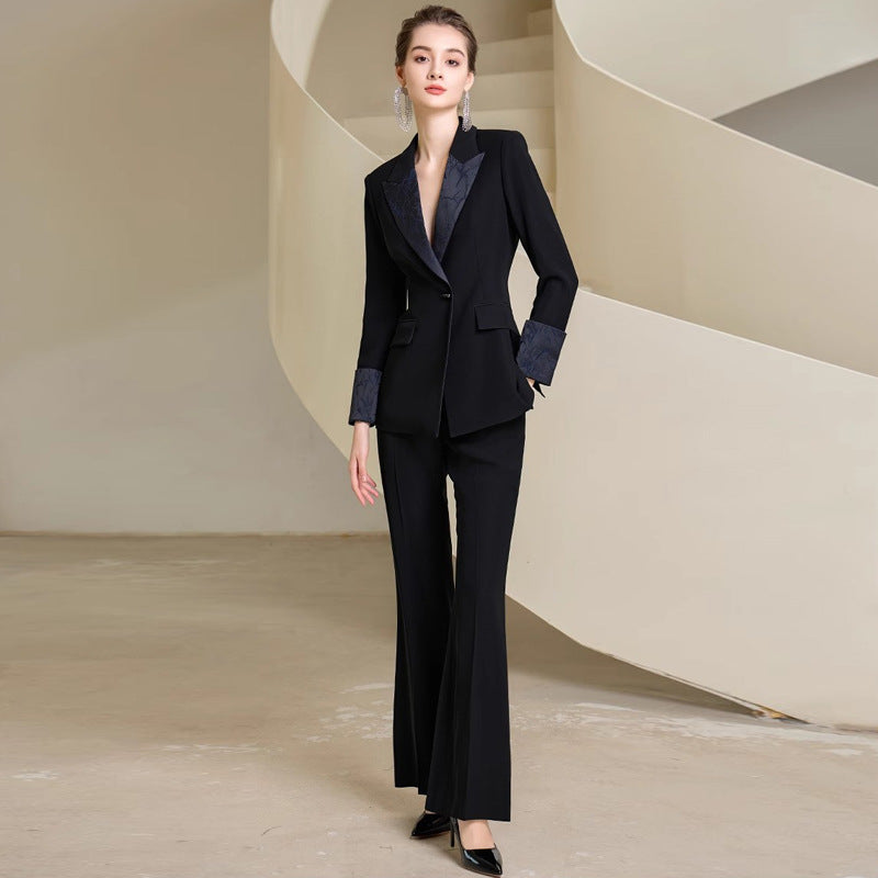 Spring and Autumn Fashion High-end Sense Satin Stitching Black Business Dress Elegant Goddess Fan Micro-pants Suit suit OL