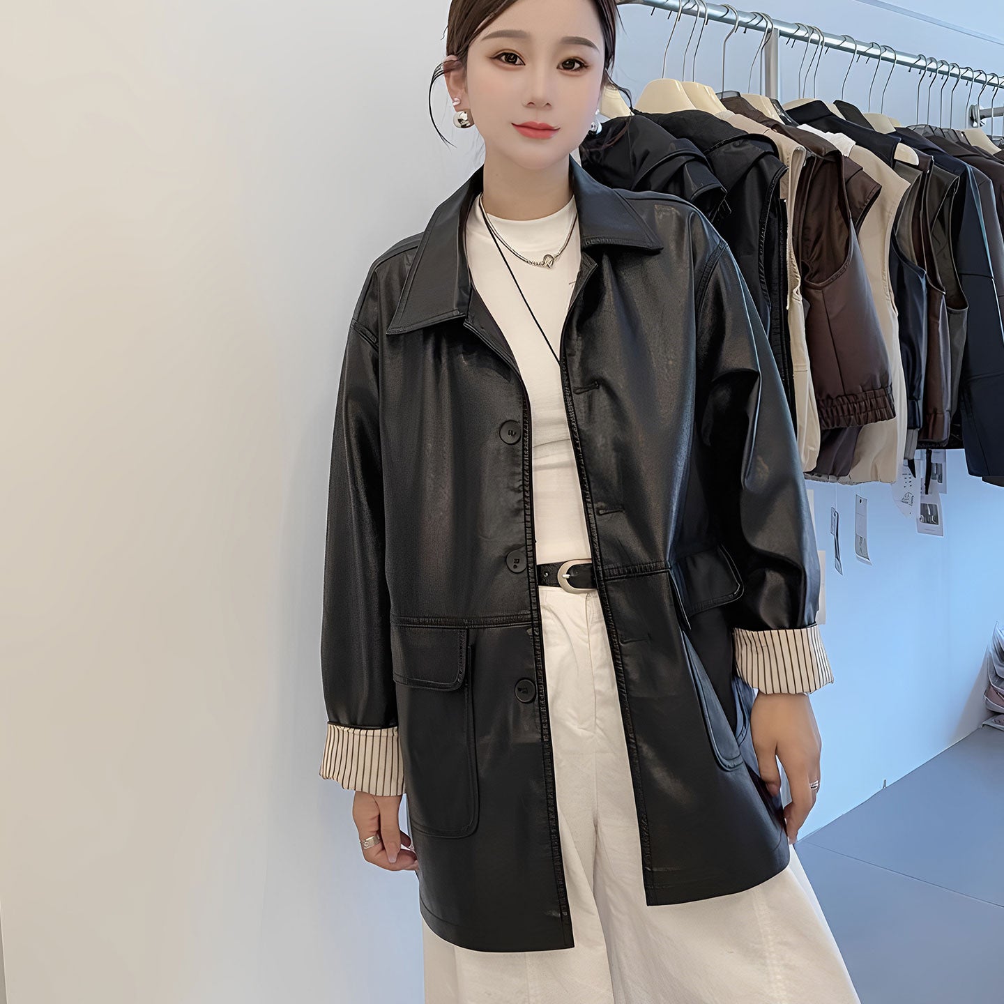 2026 Spring New Korean Style Retro Spliced Striped Cuff Design Mid-Length Leather Jacket for Women