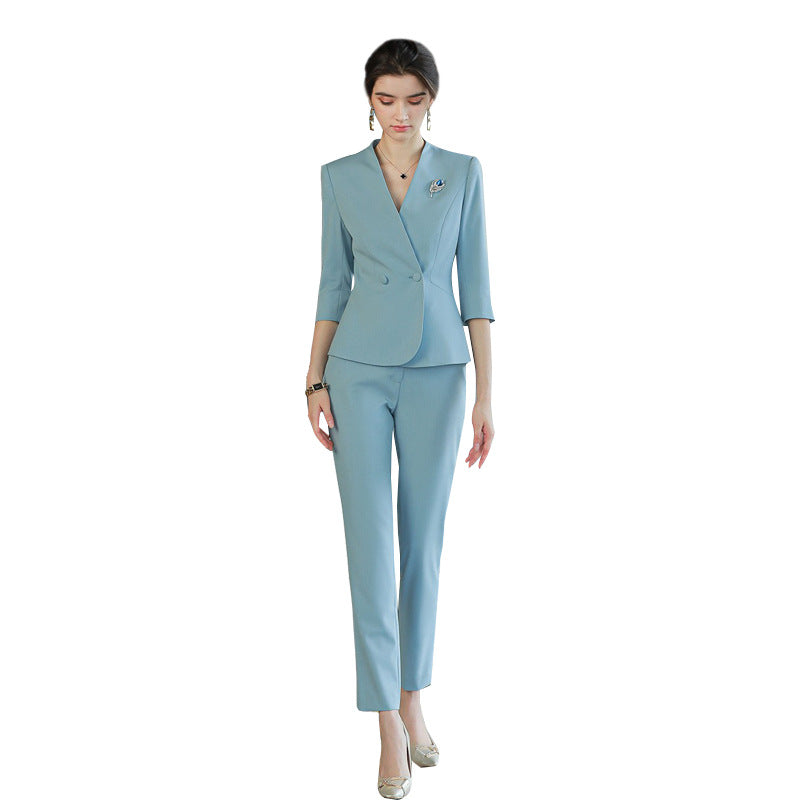 Spring and autumn three-quarter sleeve blue V-neck fashionable elegant women's business wear suit Beauty Salon reception work clothes formal wear