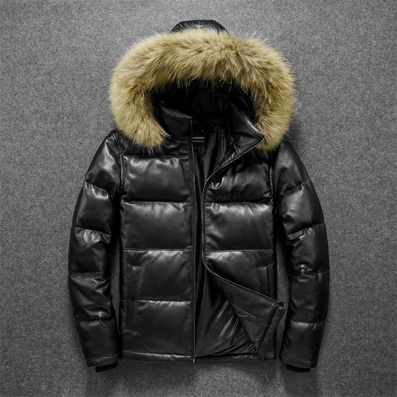 Sheepskin Down Jacket Winter Coat Warm New Thickened Casual Men's Detachable Hat Fur Collar Raccoon Fur