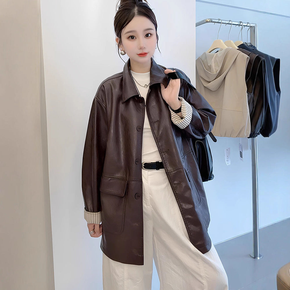 2026 Spring New Korean Style Retro Spliced Striped Cuff Design Mid-Length Leather Jacket for Women