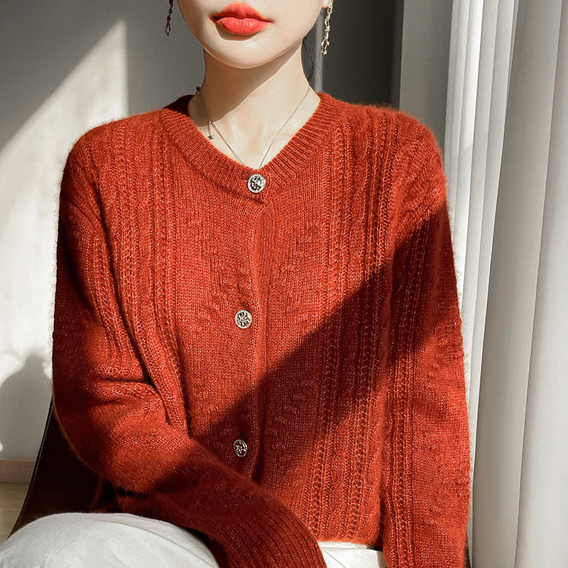 Silk Cashmere Series 25 Years Early Spring New Style 75% Cashmere 25% Mulberry Silk Drum Wave Round Neck Cardigan Jacket for Women
