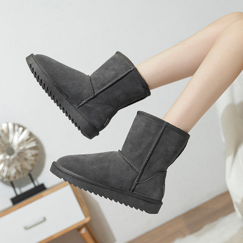 Winter New Women's Snow Boots Cowhide Faux Fur Non-Slip Thickened Cotton Boots Northeast Warm Women's Mid-Calf Snow Shoes