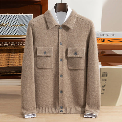 100% Pure Cashmere Cardigan Autumn and Winter Men's Lapel Bottoming Shirt Middle-Aged Business Casual Single-Breasted Jacket Ready for Sale