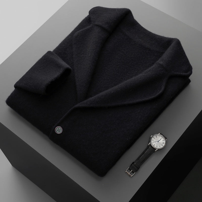 Men's Cashmere Lapel Casual Suit, Thickened Knitted Cardigan, Autumn and Winter New Style, High-Waisted Drawstring Warm Pants, Trendy