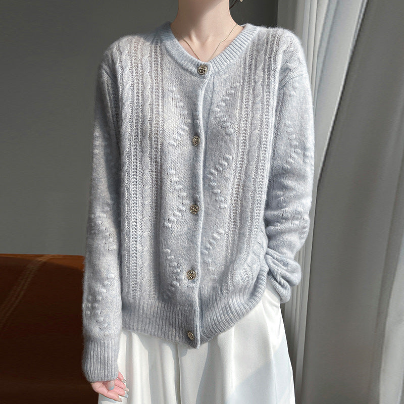 Silk Cashmere Series 25 Years Early Spring New Style 75% Cashmere 25% Mulberry Silk Drum Wave Round Neck Cardigan Jacket for Women