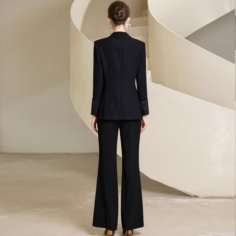 Spring and Autumn Fashion High-end Sense Satin Stitching Black Business Dress Elegant Goddess Fan Micro-pants Suit suit OL