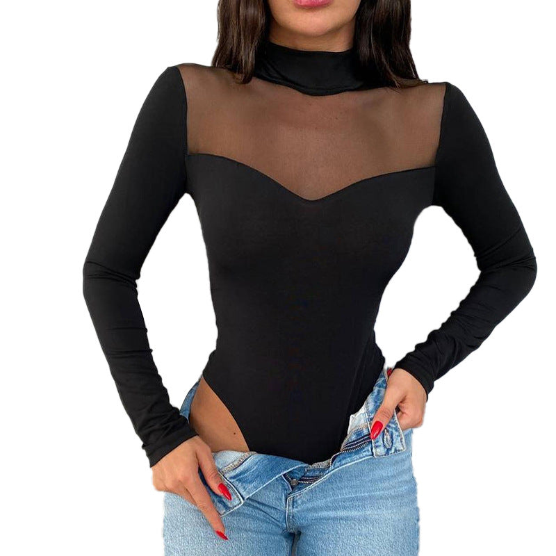 2023 European and American women's autumn new solid color mesh stitching long sleeve versatile bottoming slim top