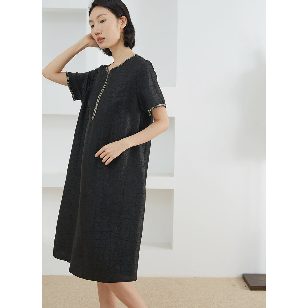 Xiangyun Yarn Tortoise Red Cloud Yarn Beads Silk dress Women's Summer 100% Mulberry Silk Short Sleeve Skirt