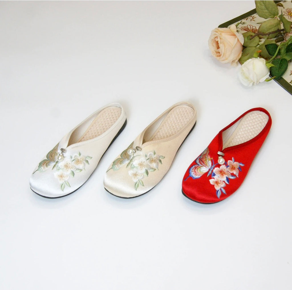Butterfly Slippers Flat Bottom Baotou Half Drag National Style Home Atmospheric Ethnic Style Embroidered Cloth Shoes Soft Bottom 317-50D