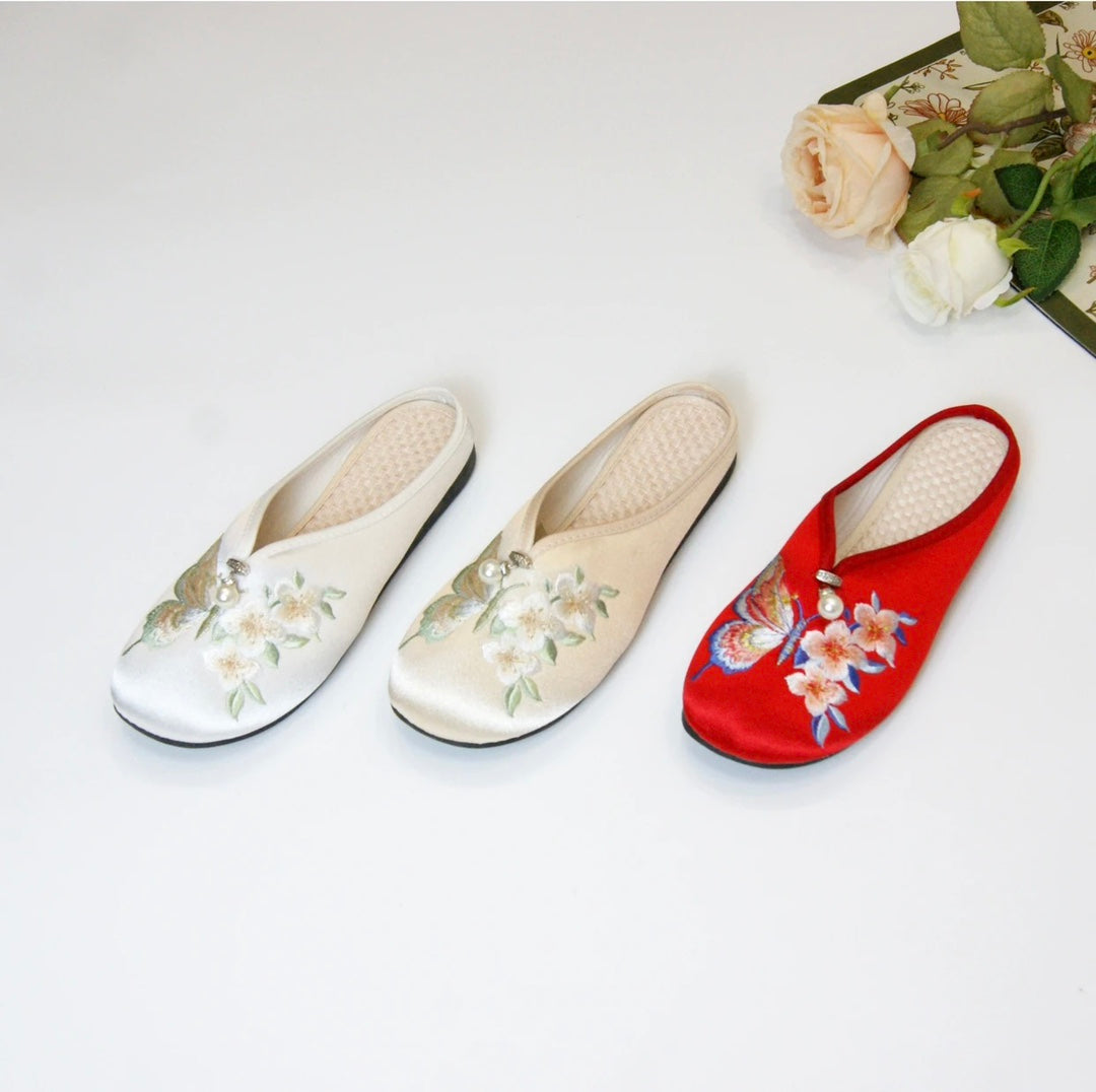 Butterfly Slippers Flat Bottom Baotou Half Drag National Style Home Atmospheric Ethnic Style Embroidered Cloth Shoes Soft Bottom 317-50D