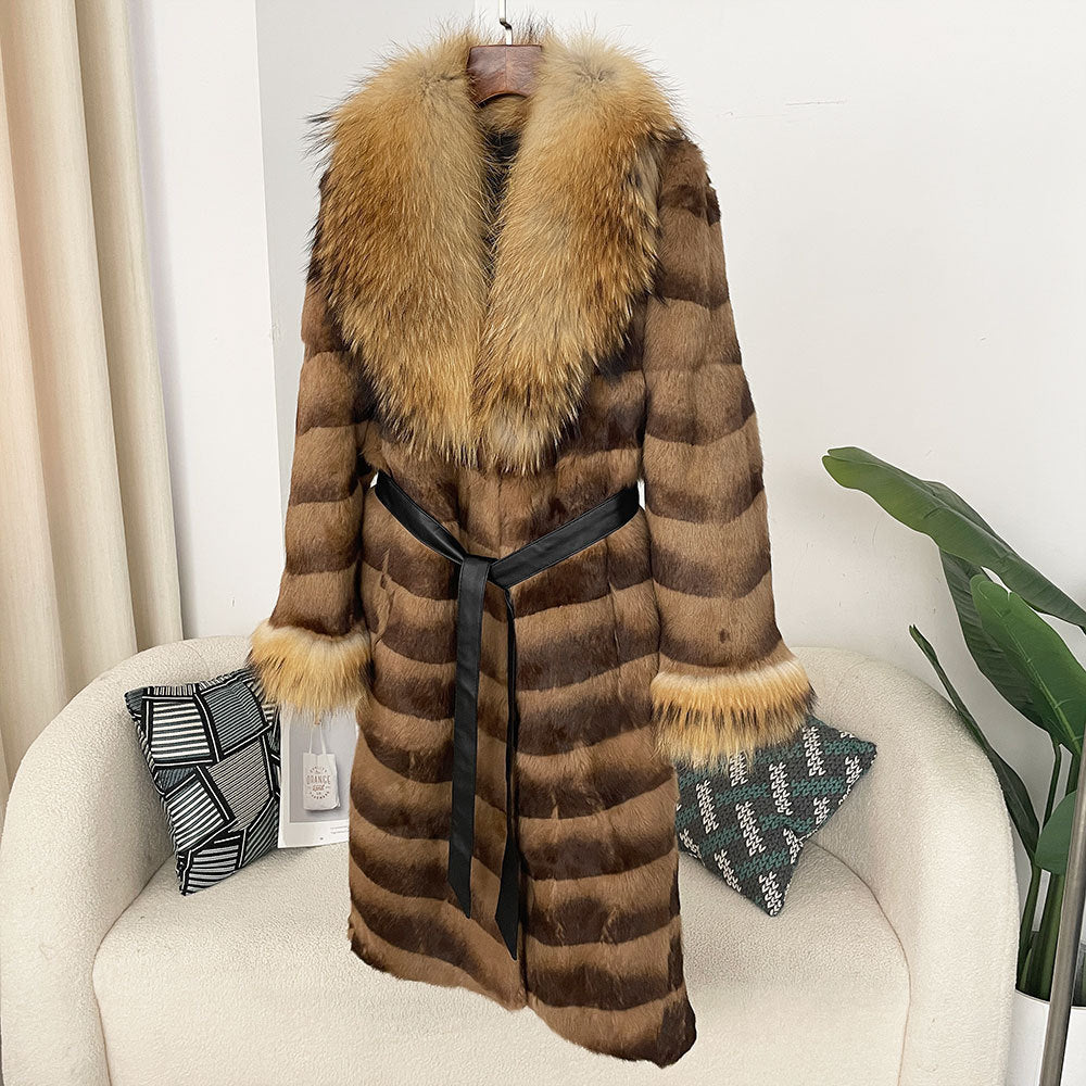 Winter 2025 New Style Raccoon Fur Collar Rabbit Fur All-In-One Fashionable Long Fur Slimming Look Style Outwear Jacket
