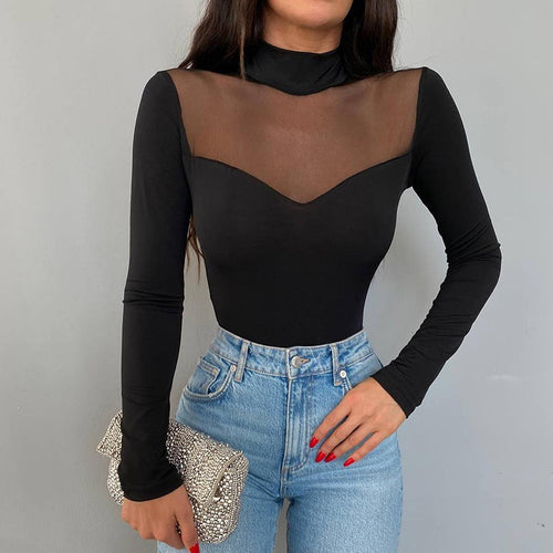 2023 European and American women's autumn new solid color mesh stitching long sleeve versatile bottoming slim top