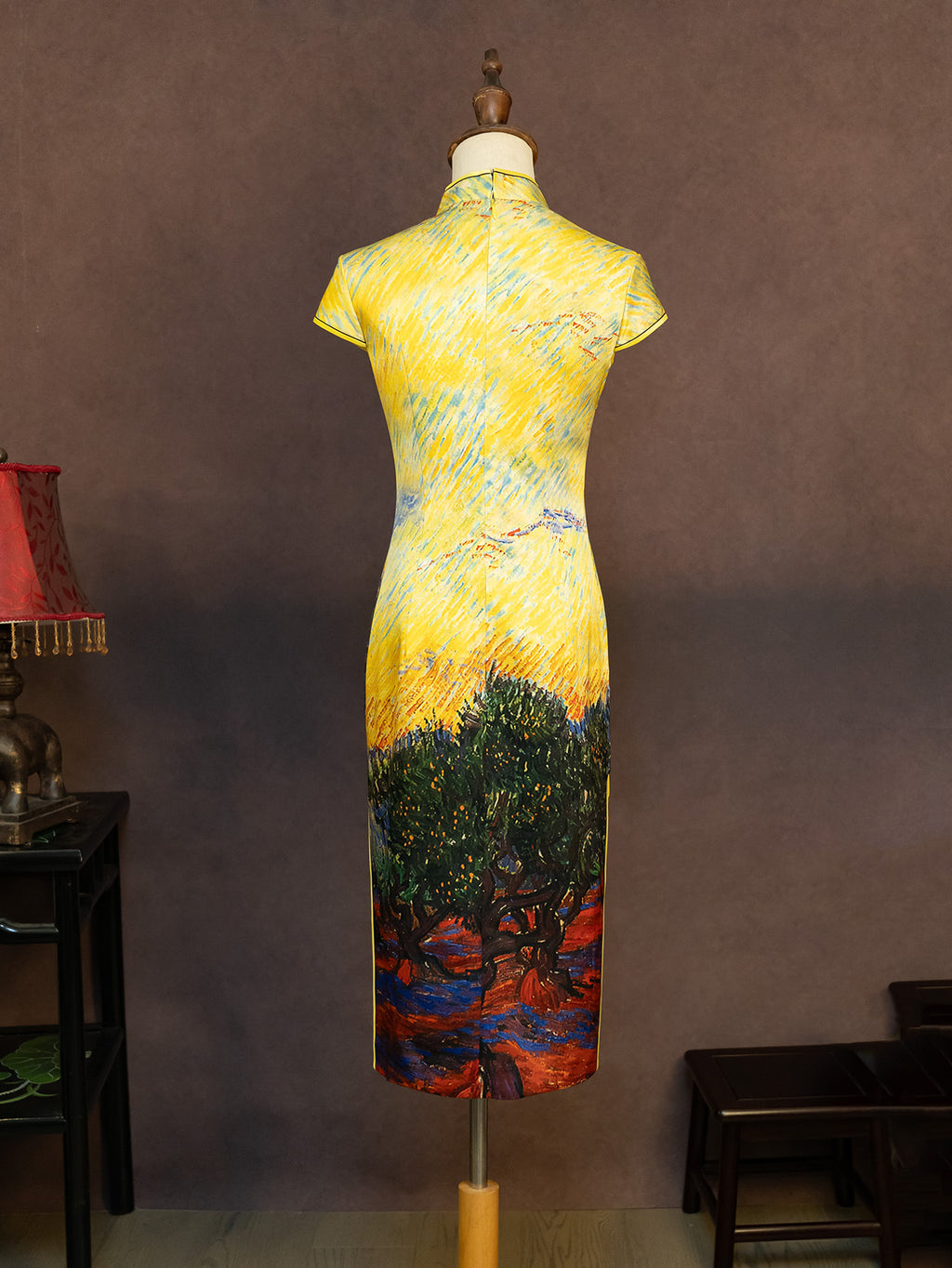 Hand-Painted Original Silk Cheongsam by Yan Yan, Olive Tree Makeup Photo Studio Custom Cheongsam