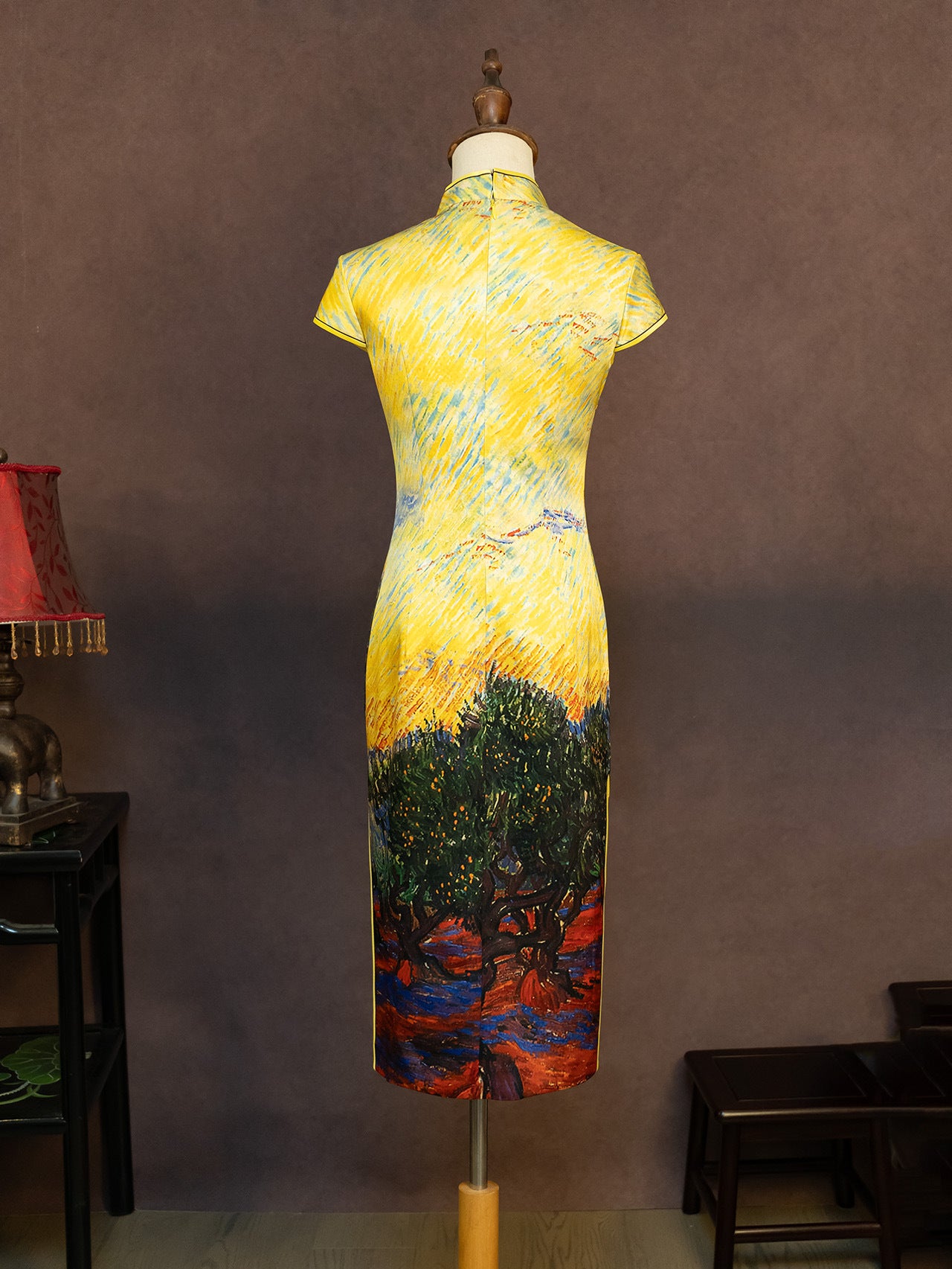 Hand-Painted Original Silk Cheongsam by Yan Yan, Olive Tree Makeup Photo Studio Custom Cheongsam