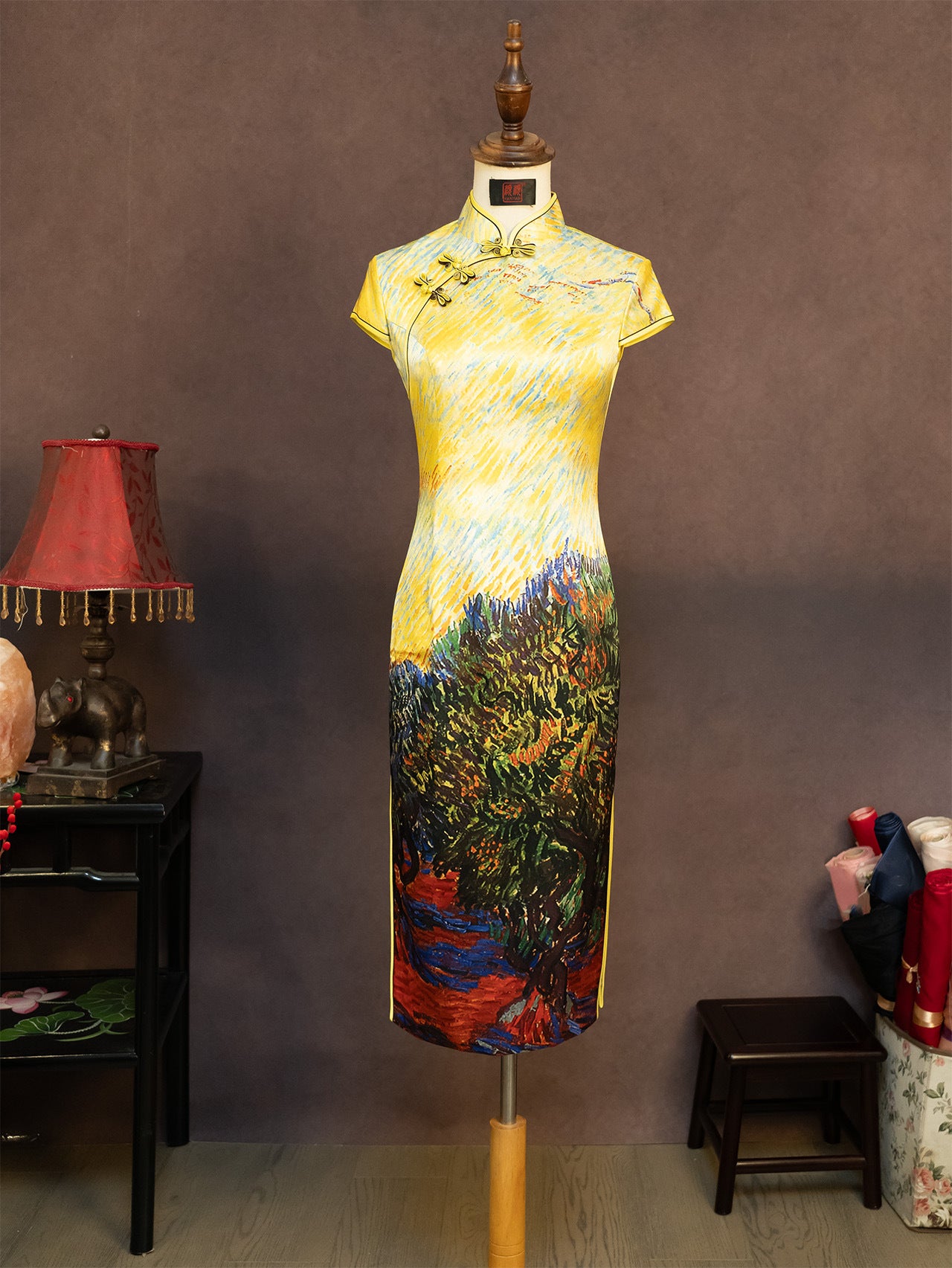 Hand-Painted Original Silk Cheongsam by Yan Yan, Olive Tree Makeup Photo Studio Custom Cheongsam