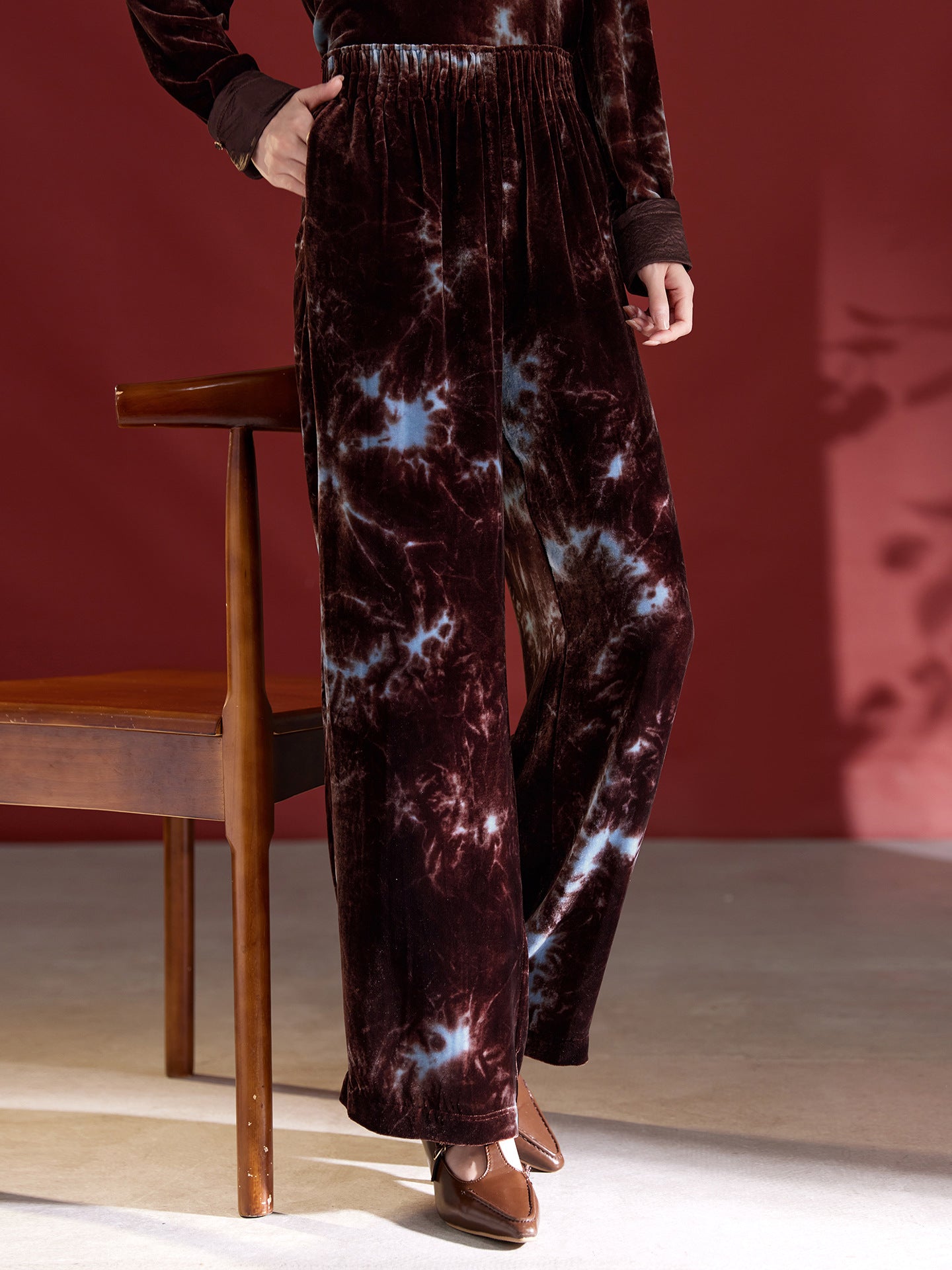 Velvet Wide-Leg Pants for Women Autum 2025 New Tie-Dye Slim Mulberry Silk Straight Pants High Waist Design 1809
