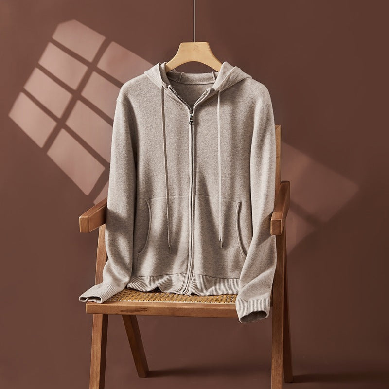 Cross-border Explosions Solid Color Double Zipper Hooded Knitted Cardigan Women's Cashmere Outer Top Solid Color Simple Wool Outer Shirt