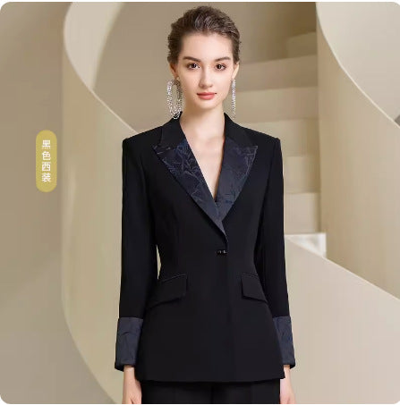 Spring and Autumn Fashion High-end Sense Satin Stitching Black Business Dress Elegant Goddess Fan Micro-pants Suit suit OL