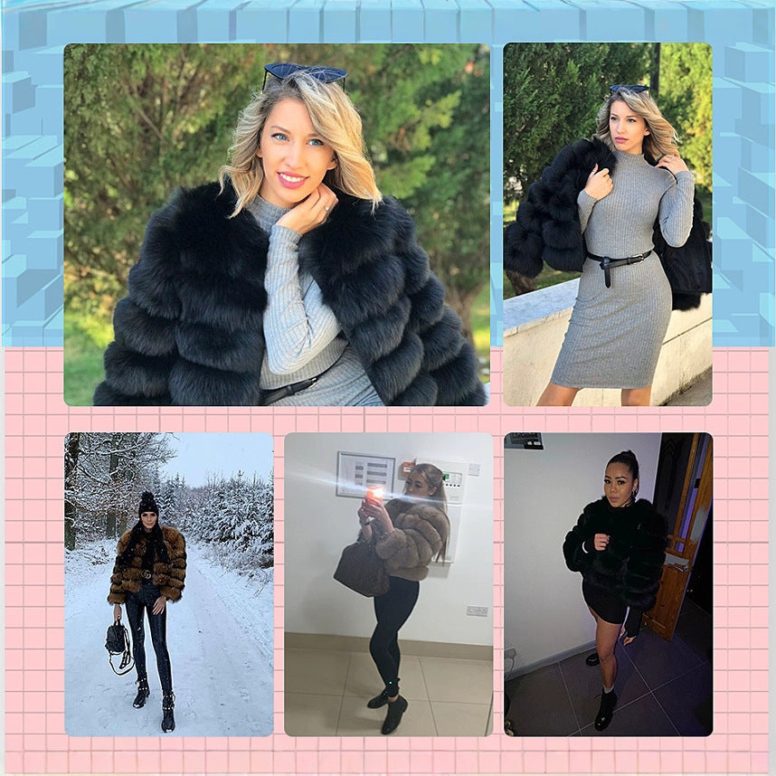 Fashion High-End Young Style Women's Coat, Aliexpress Popular Model, 5-Section Genuine Fox Fur Coat with Fur Integrated
