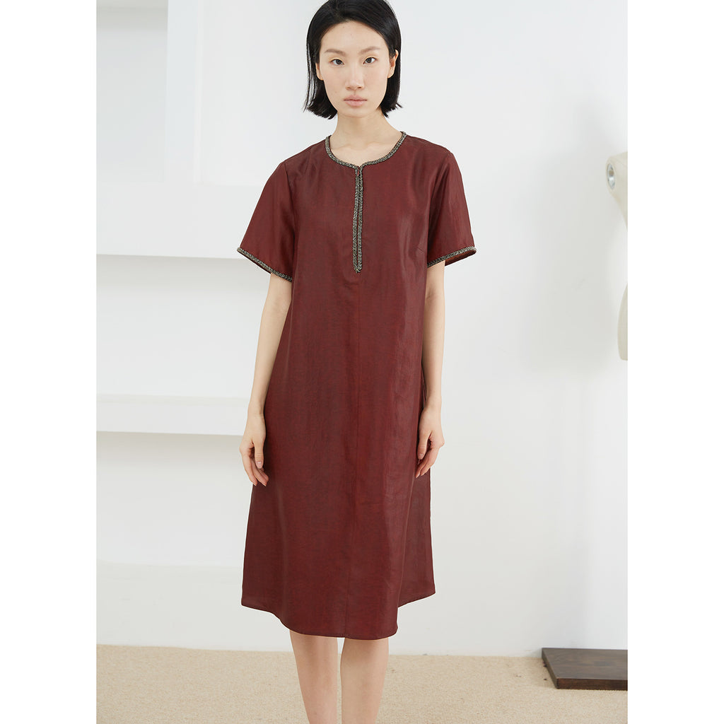 Xiangyun Yarn Tortoise Red Cloud Yarn Beads Silk dress Women's Summer 100% Mulberry Silk Short Sleeve Skirt