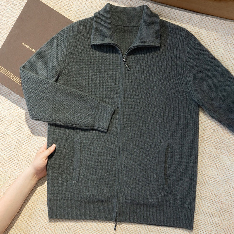 New Style Half-High Collar Long-Sleeve Zip-Up Autumn and Winter Pure Cashmere Ribbed Knit Cardigan Men's Jacket
