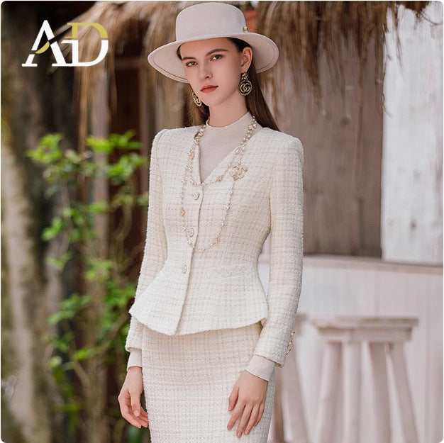 AD Fashion Expensive Small Chanel Style Dress Women's Autumn and Winter New Heavy-duty Woven Wool Jacket Tweed Two-piece Set