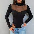 2023 European and American women's autumn new solid color mesh stitching long sleeve versatile bottoming slim top