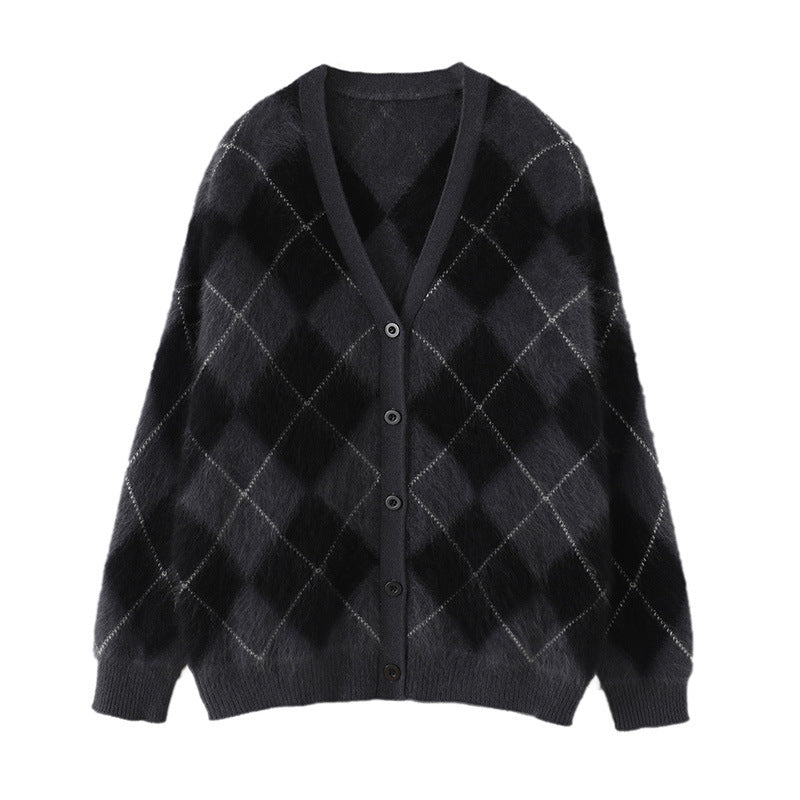 Royal Brushed Diamond Plaid 100 Pure Cashmere Brushed Cardigan V Neck Knitted Jacket Sweater 2025 Autumn and Winter
