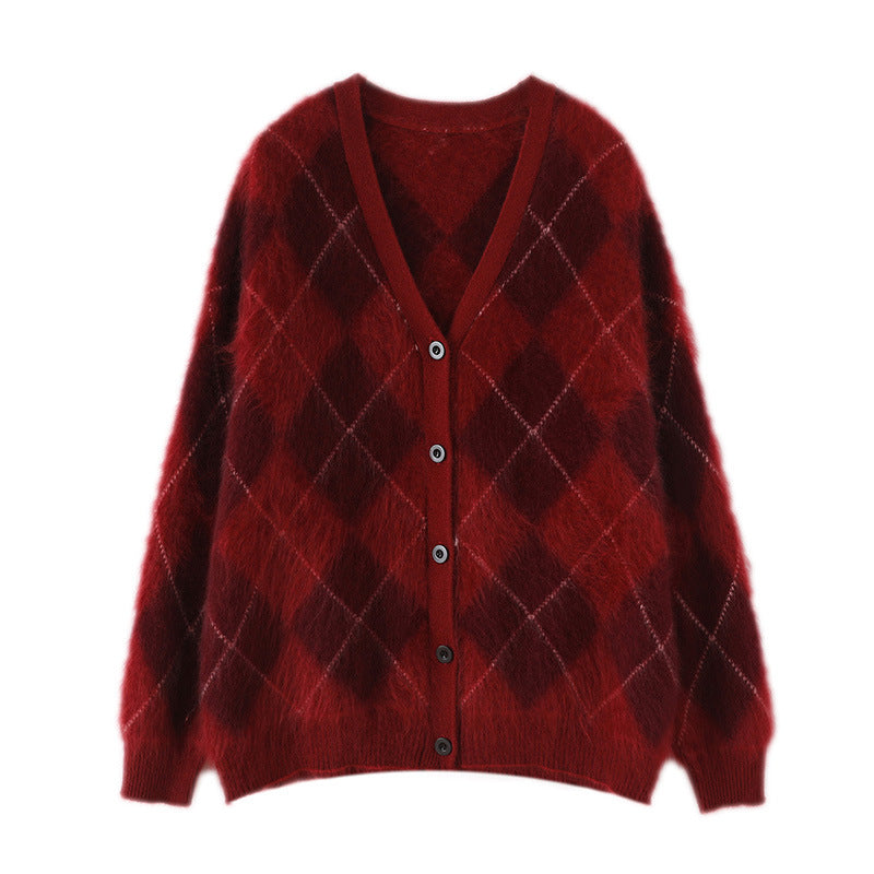 Royal Brushed Diamond Plaid 100 Pure Cashmere Brushed Cardigan V Neck Knitted Jacket Sweater 2025 Autumn and Winter