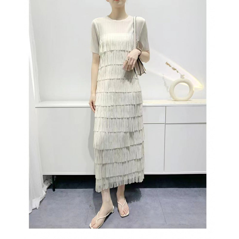 2026 New Style Solid Color High-End Tassel Patchwork Cake Dress for Women, Summer Long Pleated Elegant Age-Reducing Short-Sleeve Dress