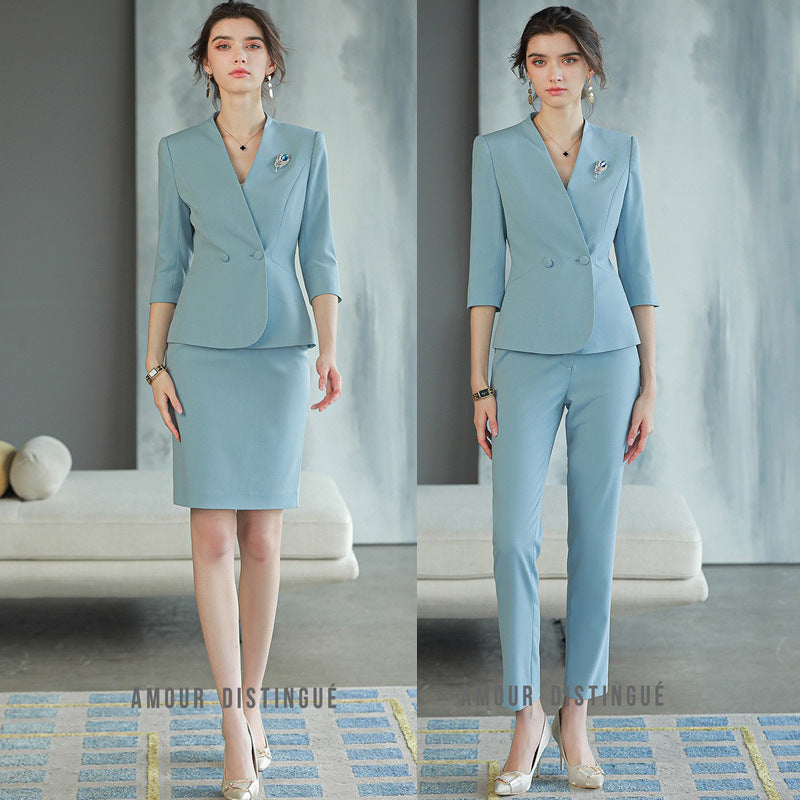 Spring and autumn three-quarter sleeve blue V-neck fashionable elegant women's business wear suit Beauty Salon reception work clothes formal wear
