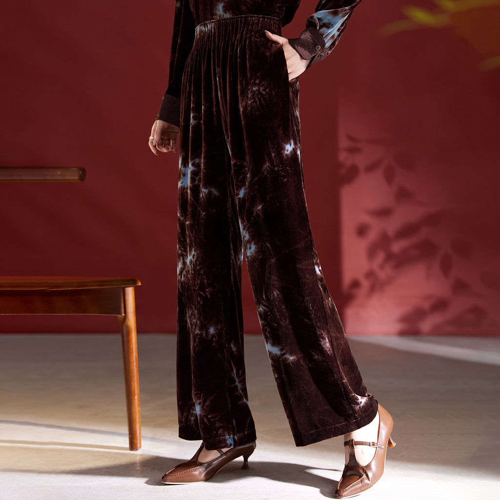 Velvet Wide-Leg Pants for Women Autum 2025 New Tie-Dye Slim Mulberry Silk Straight Pants High Waist Design 1809