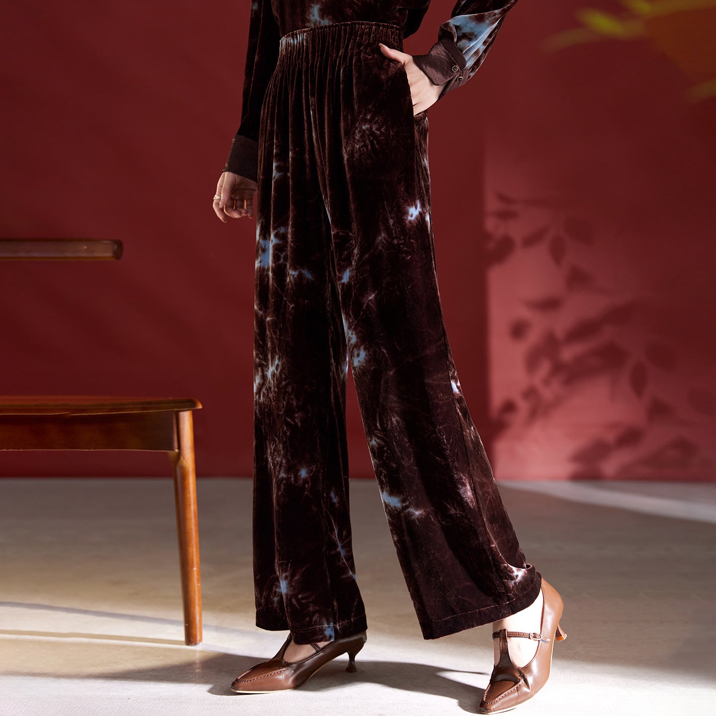 Velvet Wide-Leg Pants for Women Autum 2025 New Tie-Dye Slim Mulberry Silk Straight Pants High Waist Design 1809