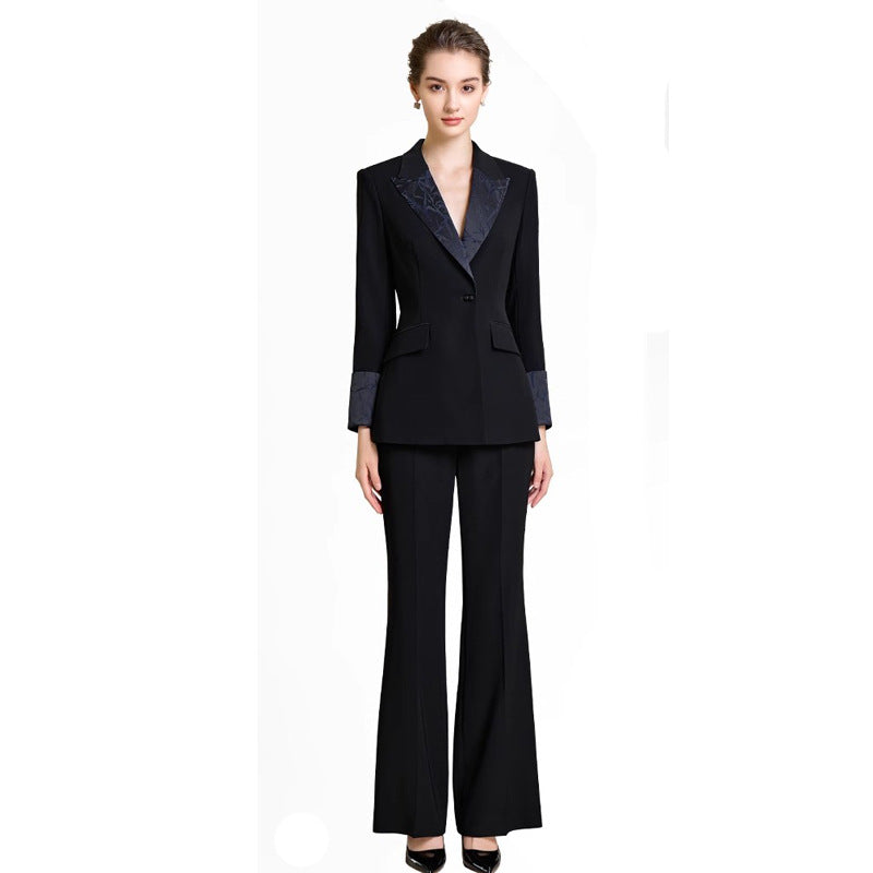 Spring and Autumn Fashion High-end Sense Satin Stitching Black Business Dress Elegant Goddess Fan Micro-pants Suit suit OL