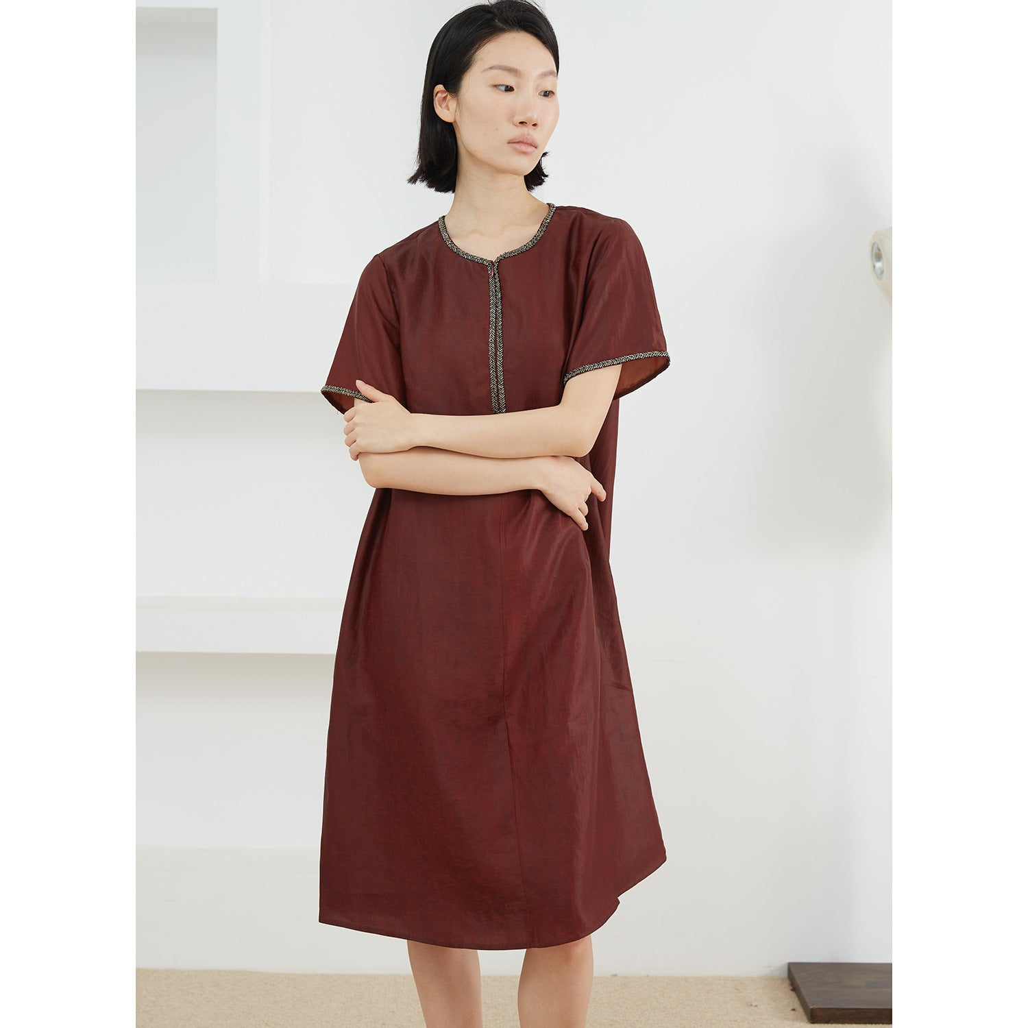 Xiangyun Yarn Tortoise Red Cloud Yarn Beads Silk dress Women's Summer 100% Mulberry Silk Short Sleeve Skirt
