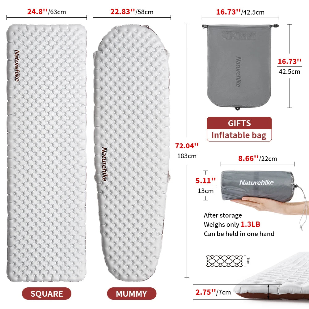 Naturehike Camping Mat 3.2/5.8/8.8 High R Value Ultralight Warm Inflatable Mattress Outdoor Portable Folding Inflatable Mats
