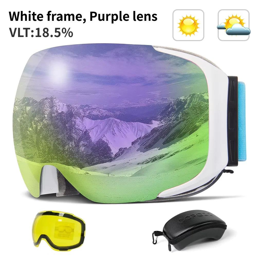 COPOZZ Magnetic Ski Goggles with Quick-Change Lens and Case Set 100% UV400 Protection Anti-fog Snowboard Goggles for Men & Women