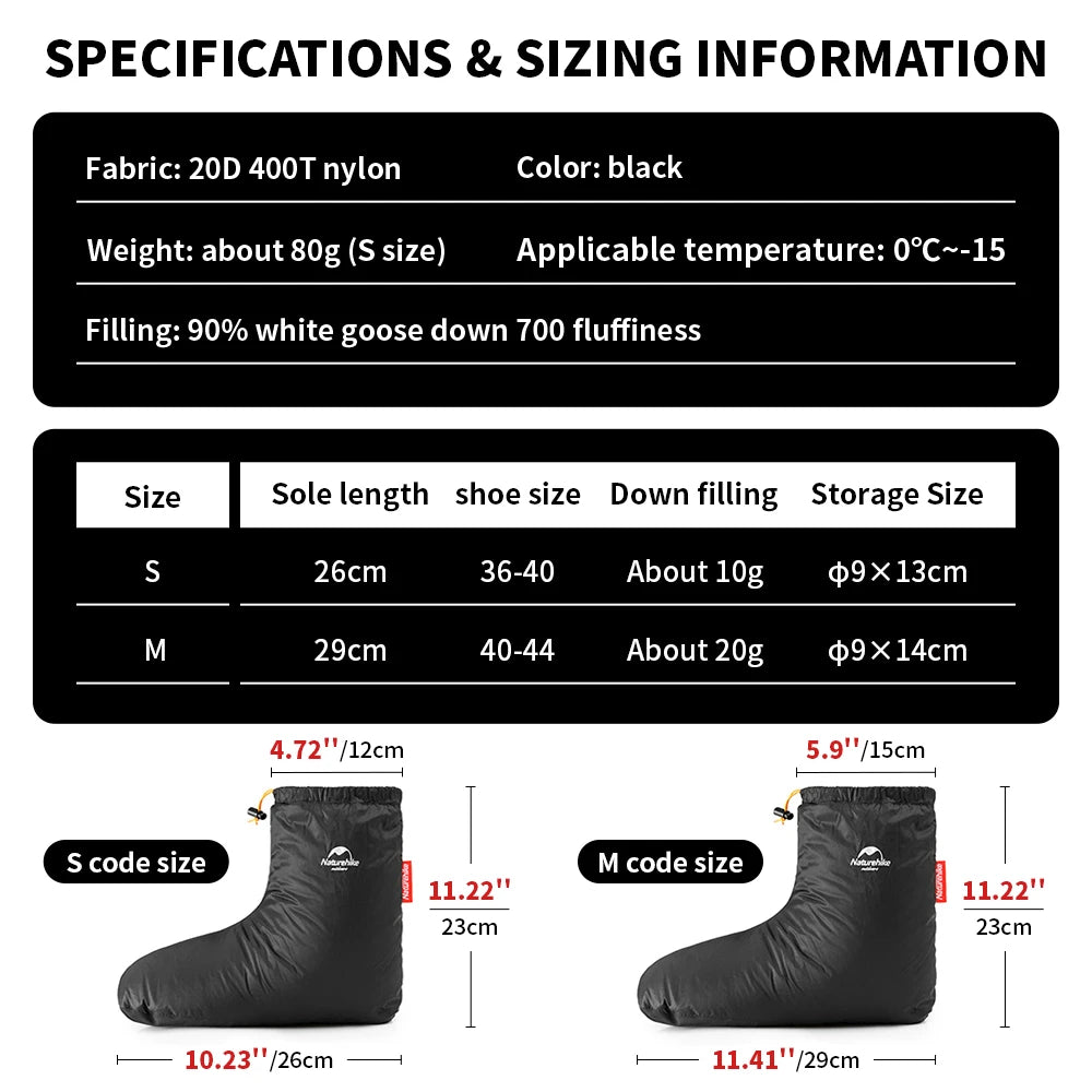 Naturehike Goose Down Socks Water-resistant Windproof Outdoor Thermal Feet Cover Winter Warm Goose Down Boots Unisex Lightweight