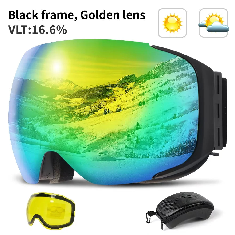 COPOZZ Magnetic Ski Goggles with Quick-Change Lens and Case Set 100% UV400 Protection Anti-fog Snowboard Goggles for Men & Women