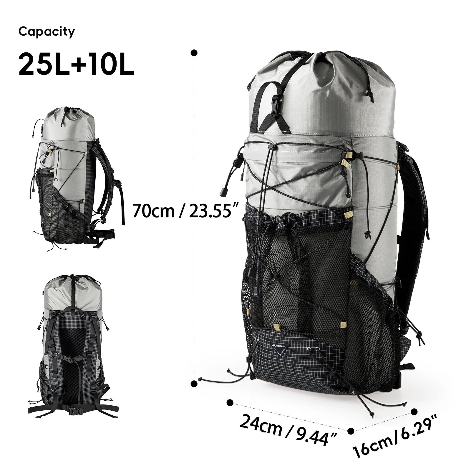 BISINNA Camping Backpack 25+10L Ultralight Travel Bag for Men Women Large Capacity Outdoor Sports Climbing Hiking Backpack