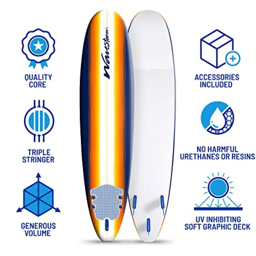 Classic Soft Top Foam 8ft Surfboard for beginners, EVA foam construction, blue and white color, ultra-lightweight and durable w