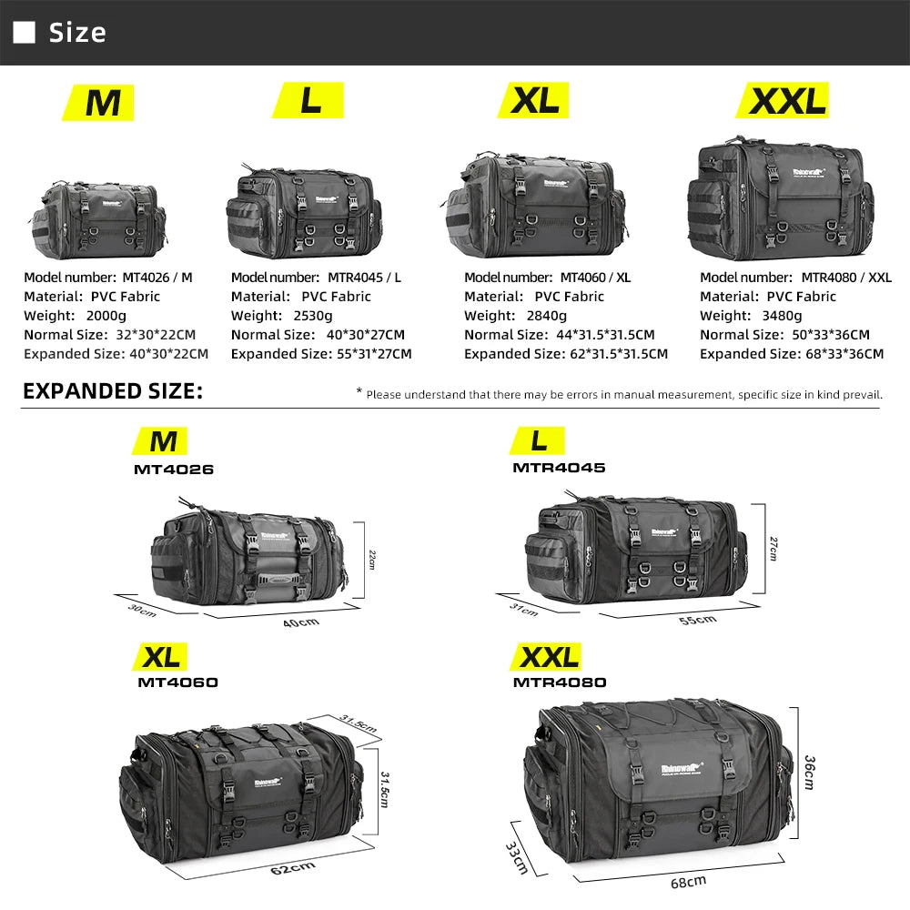 Rhinowalk Motorcycle Travel Luggage Bag Waterproof 19L-80L Expandable Big Capacity Motor Tail/Trunk/Rack Bag For Most Motorcycle
