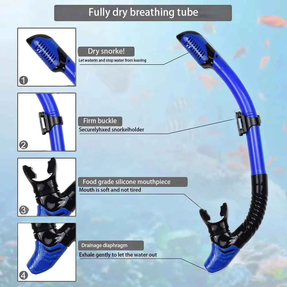 Mask Snorkel Fin Set Panoramic View Snorkel Mask Adjustable Dive Flipper Dry Top Snorkel and Travel Bag Snorkel Gear for Adults