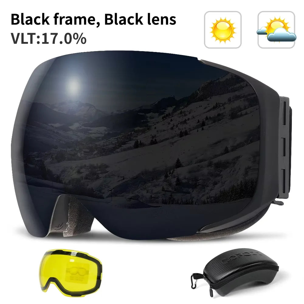 COPOZZ Magnetic Ski Goggles with Quick-Change Lens and Case Set 100% UV400 Protection Anti-fog Snowboard Goggles for Men & Women