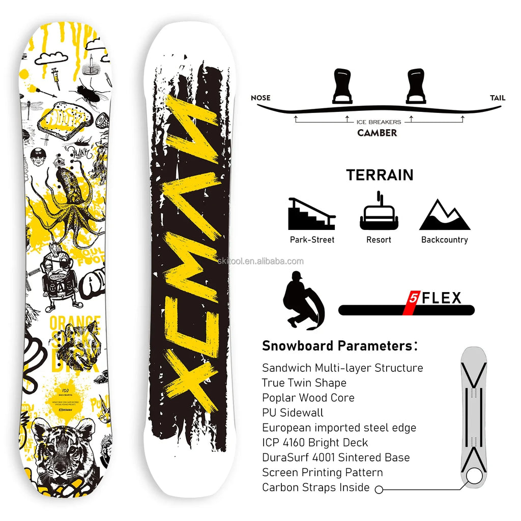 XCMAN Men's Complete Snowboard Package Camber True Twin Carved Snowboard + Bindings + Boots for All Terrain Best for Beginner